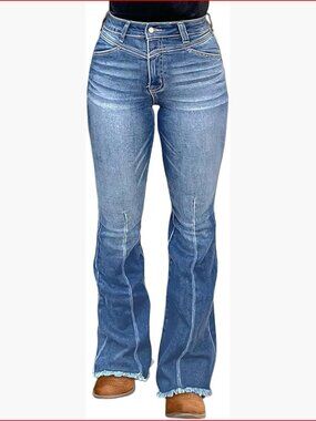 High Waisted Bootcut Jeans with Frayed Hem and Stretch Fabric